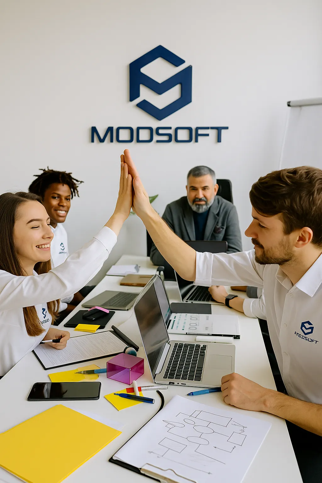 MODSOFT team collaborating in a modern office, symbolizing digital transformation and innovative software solutions since 2017